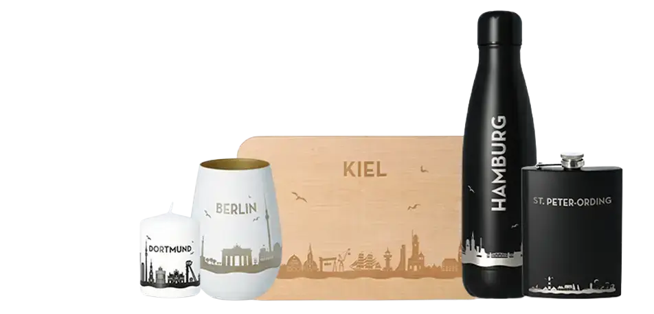 Skyline Collection – Stadtmotive auf Windlicht, Flasche, Holzbrett und Flachmann